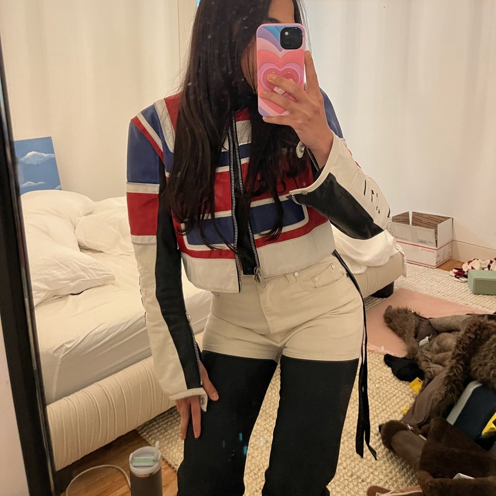 Unravel Multicolor Leather Crop Jacket Colorblock Blue Red Black White M Moto